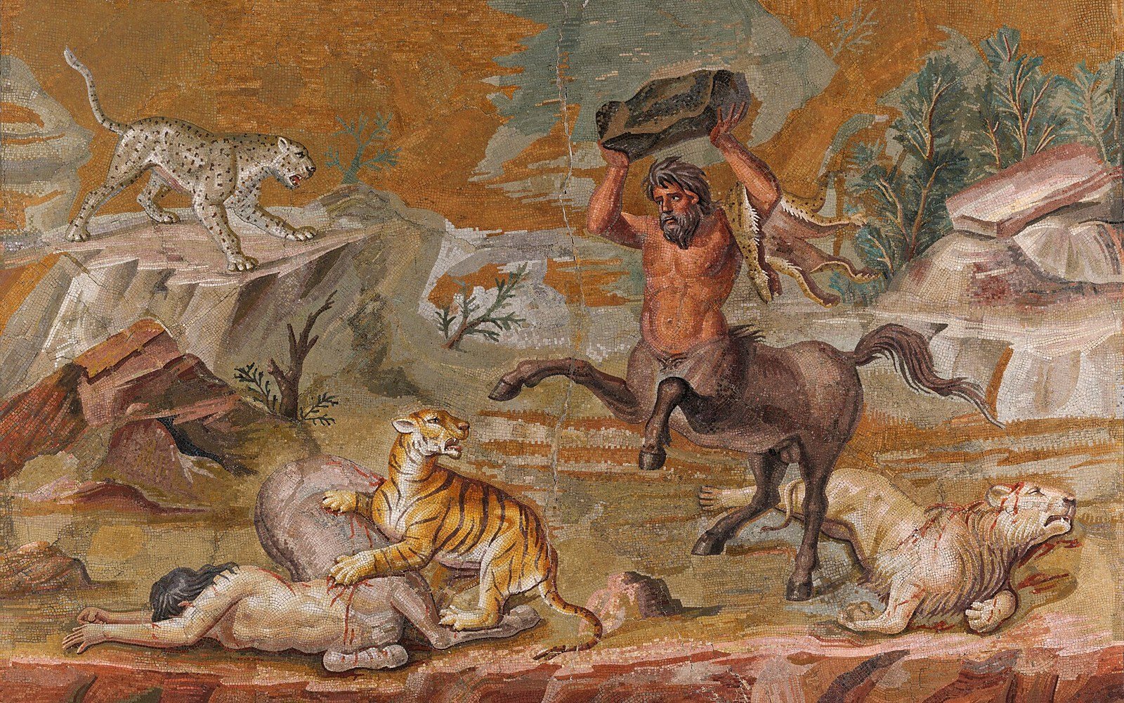 A Roman floor mosaic showing a centaur and big cats in a rocky landscape